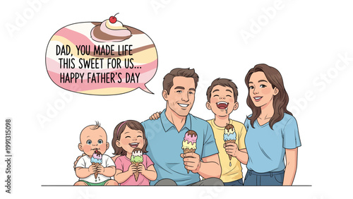 Happy Family's Sweet Father's Day: A loving family celebrates Father's Day with a delightful display of happiness and togetherness, sharing ice cream and heartfelt message.