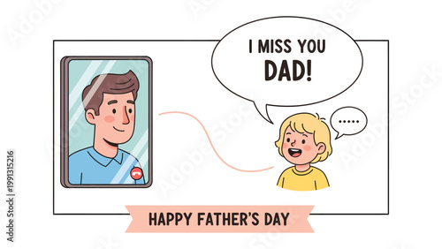 Longing across Distance: A touching scene captures a child expressing affection for their father on Father's Day through the distance, shown through digital window.
