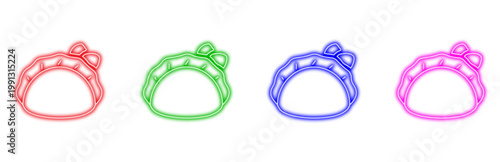 Set of colorful neon icons featuring stylish small pouches or coin purses with cute bows suitable for shopping or fashion design projects and digital retail marketing vectors.