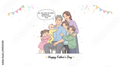 Father's Day Warmth: A heartwarming illustration captures a loving father surrounded by his adoring family, a tender celebration of fatherhood and family bonds.