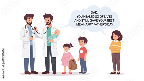 A Father's Day Tribute in Doctor's Office: An illustration of a doctor holding a baby with other family member. The heartwarming tribute for a healthcare hero. 