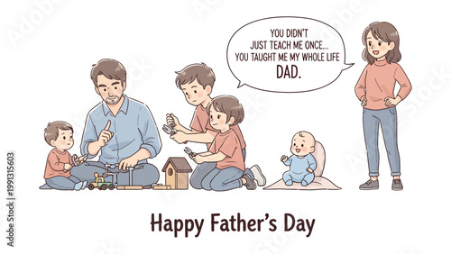 Father's Day Scene: A heartwarming illustration captures a father's enduring love, with him surrounded by his children, celebrating family bonds and expressing gratitude.