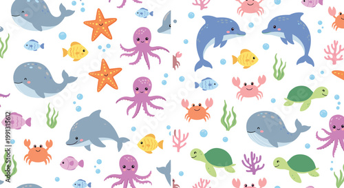 Cute seamless underwater pattern with dolphins whales octopus turtles fish and sea life cartoon vector illustration