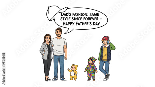 Father's Day Fashion: A heartwarming family illustration depicting a dad's timeless style, with a playful nod to Father's Day celebrations.