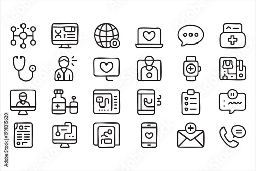 Online healthcare icons, telemedicine medical symbols