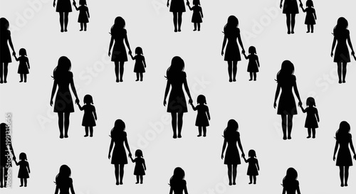 Seamless Pattern of Silhouettes Representing Mother and Daughter Bonding.
