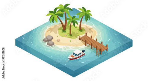 Isometric vector illustration of a tropical island with palm trees, a sandy beach, and a wooden pier, featuring a small boat sailing in the turquoise water against a clean white background