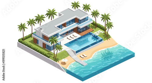 Isometric illustration of a modern beachfront villa featuring a private pool and sandy shore, depicted with vibrant colors and a clean, minimalist style against a bright white background