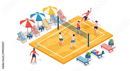 Isometric vector illustration shows a lively beach volleyball game in progress, with players in action near the net and others lounging on colorful beach chairs under umbrellas