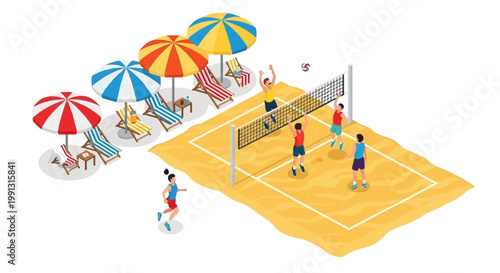 Isometric vector illustration depicts a beach volleyball game in progress, with players positioned around the net on a sandy court, alongside colorful umbrellas and lounge chairs, all
