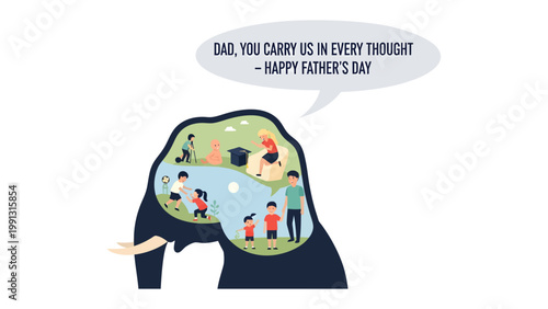Father's Day Dedication: A heartwarming tribute to fatherhood, the illustration depicts a father carrying his children in his thoughts. This image encapsulates love, remembrance.