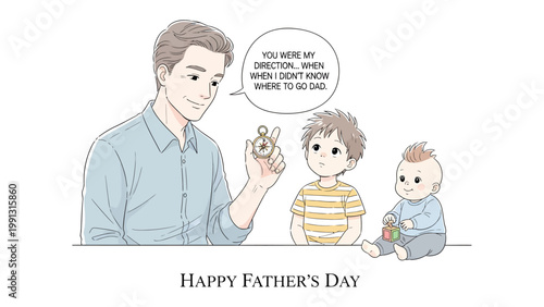 Father's Guidance: A heartfelt illustration portraying a father showing a compass to his sons, representing guidance and direction. This heartwarming scene reflects the bond of fatherhood.