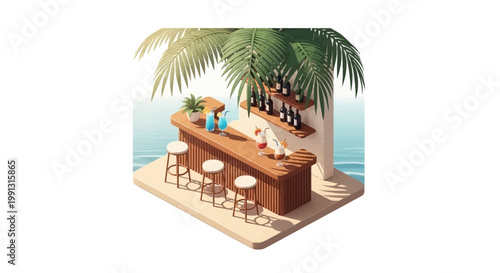 Isometric illustration of a tropical beach bar with a wooden counter and stools under a palm tree, featuring bottles on a shelf, rendered with bright, summery colors and a minimalist design