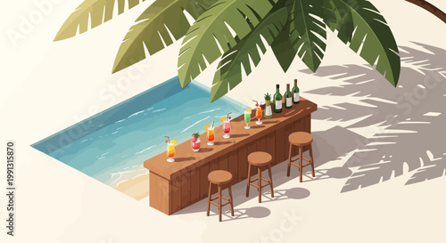 Isometric illustration showcases a beach bar with various colorful cocktails and bottles displayed on the counter, accompanied by three stools under a palm tree, set against a bright