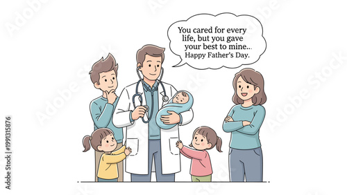 Father's Day Dedication: An illustration captures a tender moment as a doctor, embodies dedication, presents a newborn to a family, celebrating the essence of parenthood and paternal care.