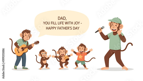 Musical Monkey Family: A heartwarming illustration of a monkey family celebrating Father's Day, with a monkey dad singing into a microphone and others playing instruments and dancing in joy. 