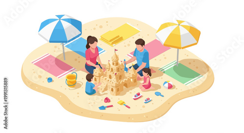 Isometric illustration of a family of four constructing a sandcastle on a sandy beach dotted with colorful towels and beach umbrellas, rendered in a bright, cheerful style against a clean