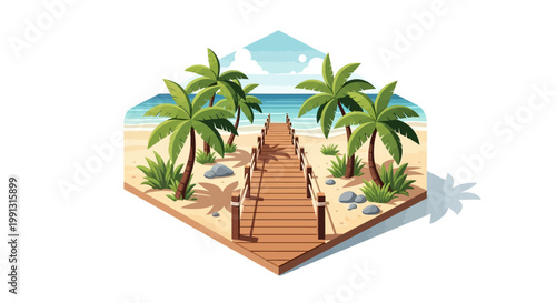 Isometric vector illustration depicts a wooden boardwalk leading toward a serene ocean beach framed by lush green palm trees under a bright blue sky, set against a clean white background