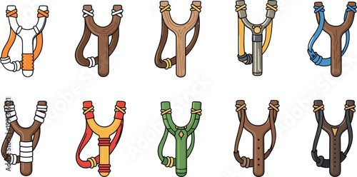 Slingshot collection with different designs wooden handles and elastic bands hunting weapon illustration set isolated on white background