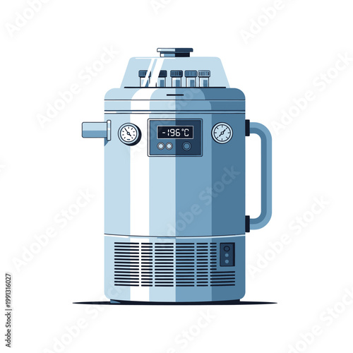 Cryogenic Freezer Unit with Digital Display and Gauges - Laboratory Equipment Illustration