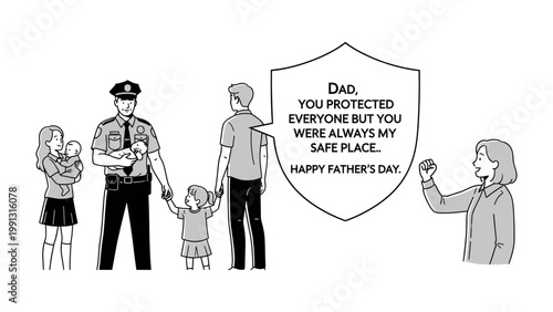 Father's Day Dedication: An illustration of a law enforcement officer, celebrating Father's Day with his family, highlighting the bond of protection and love.