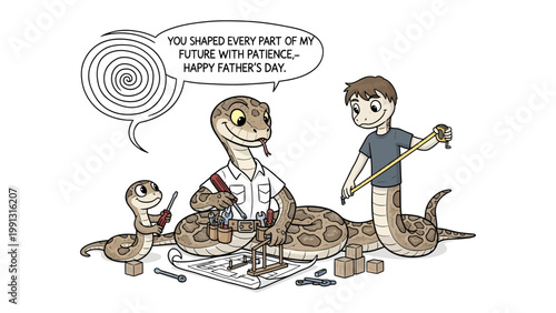 Father's Day with Snake Family: A heartwarming illustration shows a snake family celebrating Father's Day, emphasizing the values of patience and shaping the future.