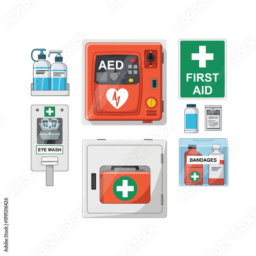 First Aid Kit, AED, Eye Wash Station, Bandages, Medical Supplies Collection