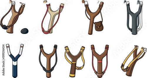 Slingshot set with wooden and modern designs elastic bands and ammo hunting equipment illustration collection isolated on white background