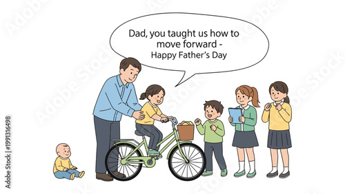 Father's Day Learning Moment: A heartwarming Father's Day scene unfolds, with a father guiding his child on a bicycle, surrounded by siblings and a baby.