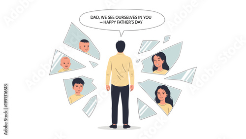 A Father's Reflection: A loving dad stands surrounded by shattered reflections of his children.