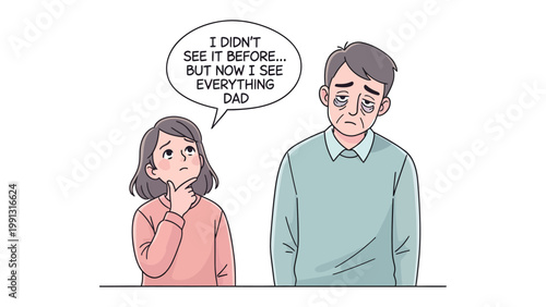 Father and Daughter Moments: A touching illustration captures a heartfelt conversation between a father and daughter, evoking emotions of understanding, revelation, and shared experiences. 