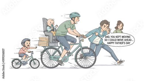 Family bicycle ride: A heartwarming illustration of a family on a bicycle adventure, with the father leading the way and his children following behind, expressing family love, celebration and care.