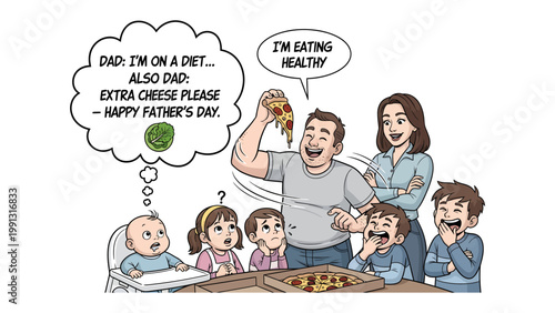 Family and Pizza Fun: A family scene unfolds as the father jokes about his diet with a slice of pizza in hand, while everyone enjoys a cheerful Father's Day.