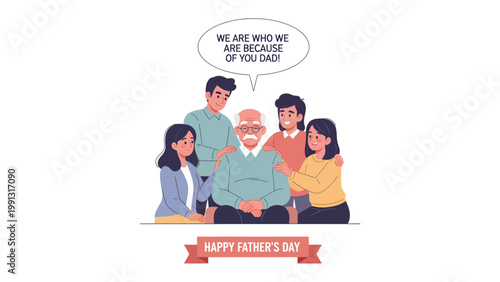 Family Bond: An illustration depicts a heartwarming moment where a father is surrounded by his children, a testament to the strong family bonds, all with a happy Father's Day greeting. 