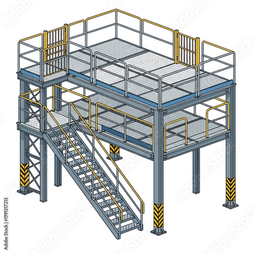 Industrial Mezzanine Platform with Stairs and Safety Rails, Metal Structure