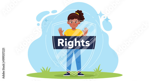 A young person standing behind a protective shield holding a sign with the word Rights.