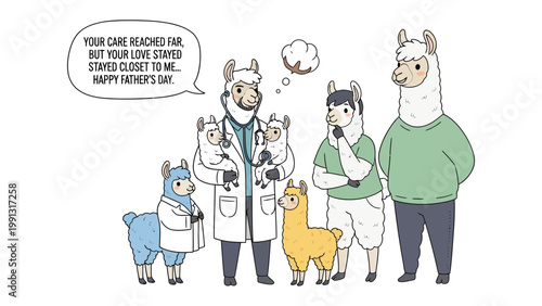 Father's Day in the Llama Family: An endearing illustration celebrates Father's Day, showcasing a llama family with medical theme, conveying warmth and affection.
