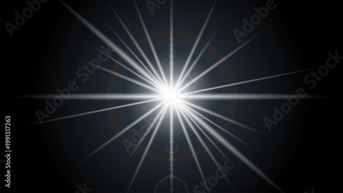 Bright light beam shining through darkness with lens flare effect