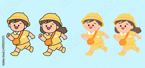 Kindergarten Children Running with Yellow Hats Character Set