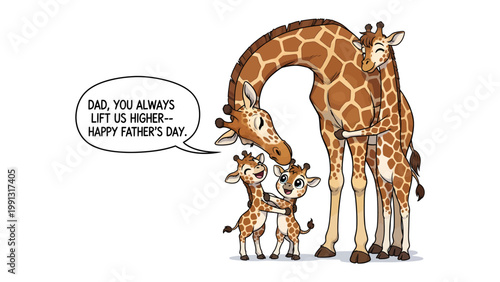 Affectionate Giraffe Family Celebration: A heartwarming cartoon portrays a giraffe family celebrating father's day, where the parent giraffe interacts with its young.