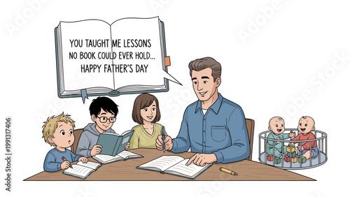 Father's Day Dedication: A heartwarming illustrated scene of a father with his children, a book, and a tender message of appreciation for the lessons learned and the joy of family.