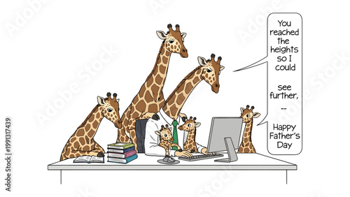 Giraffe Family Celebration: An illustration captures the heartwarming bond of a giraffe family, celebrating Father's Day with an office theme and inspiring message. 