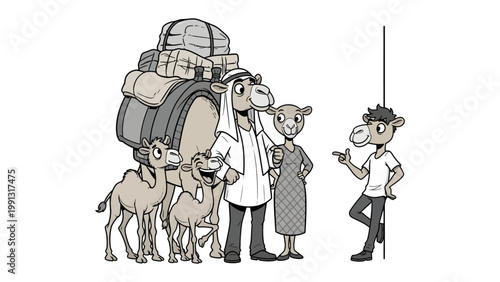 Journey's Caravan: An illustration captures the essence of travel. A camel caravan, each animal with a distinct personality, is laden with luggage.