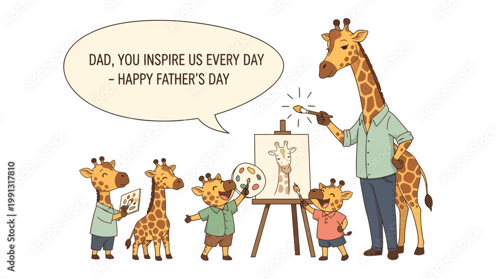 Obraz premium Father's Day Giraffe: A heartwarming illustration showing a giraffe father inspiring his offspring through art on father's day.