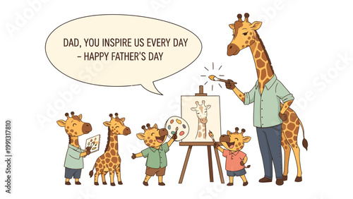 Father's Day Giraffe: A heartwarming illustration showing a giraffe father inspiring his offspring through art on father's day.