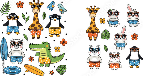 Cute summer animals cartoon set with giraffe penguin crocodile rabbit in sunglasses and beach outfits vector illustration