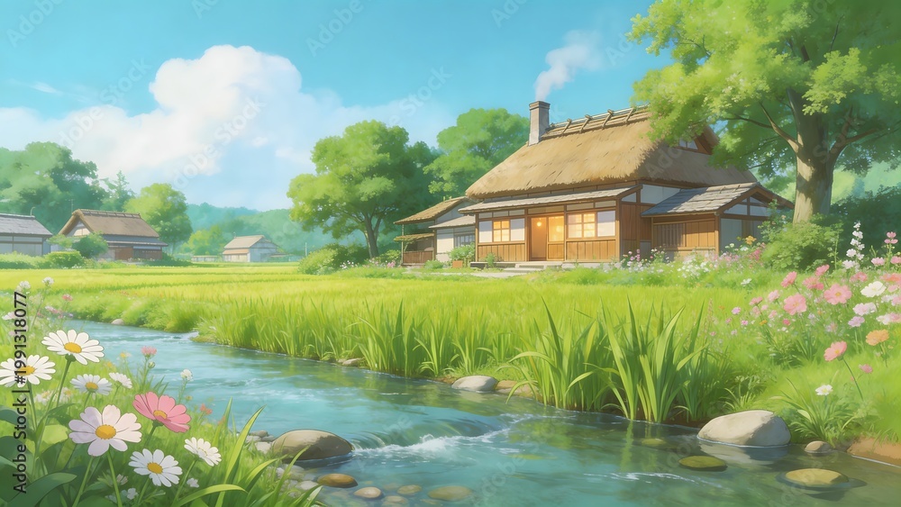 Fototapeta premium Rural house by stream with flowers