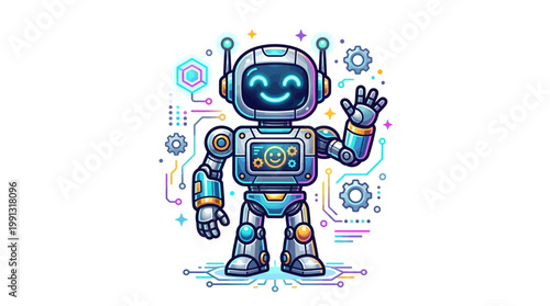 Smiling Robot Character With Glowing Blue.