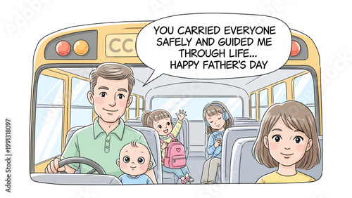 Father's Day on the Bus: A heartwarming illustration of a father, depicted as a bus driver, surrounded by his children, celebrating Father's Day with an uplifting message of guidance and love. 