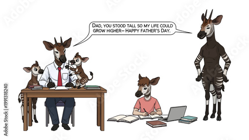 Okapi Family Father's Day: A touching Father's Day scene featuring okapis in a heartwarming family setting, with the father figure at his desk, surrounded by his offspring.